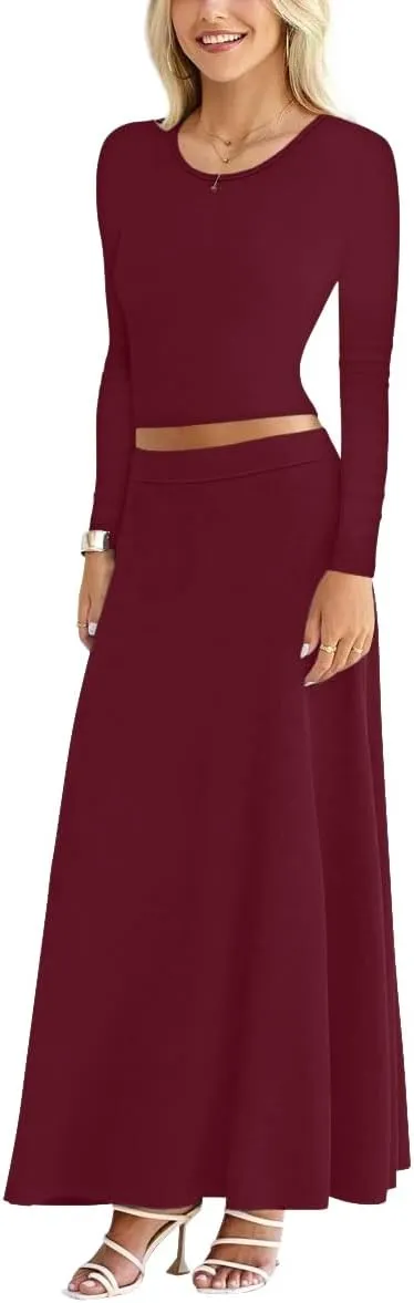Sweet Hearts 2 Piece Sets for Women- Casual Modal Maxi Skirt Long Sleeve Crop Tops Womens 2 Piece Outfits Fall Made in USA