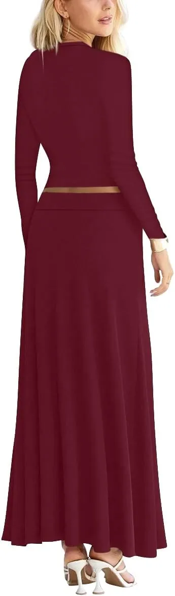 Sweet Hearts 2 Piece Sets for Women- Casual Modal Maxi Skirt Long Sleeve Crop Tops Womens 2 Piece Outfits Fall Made in USA