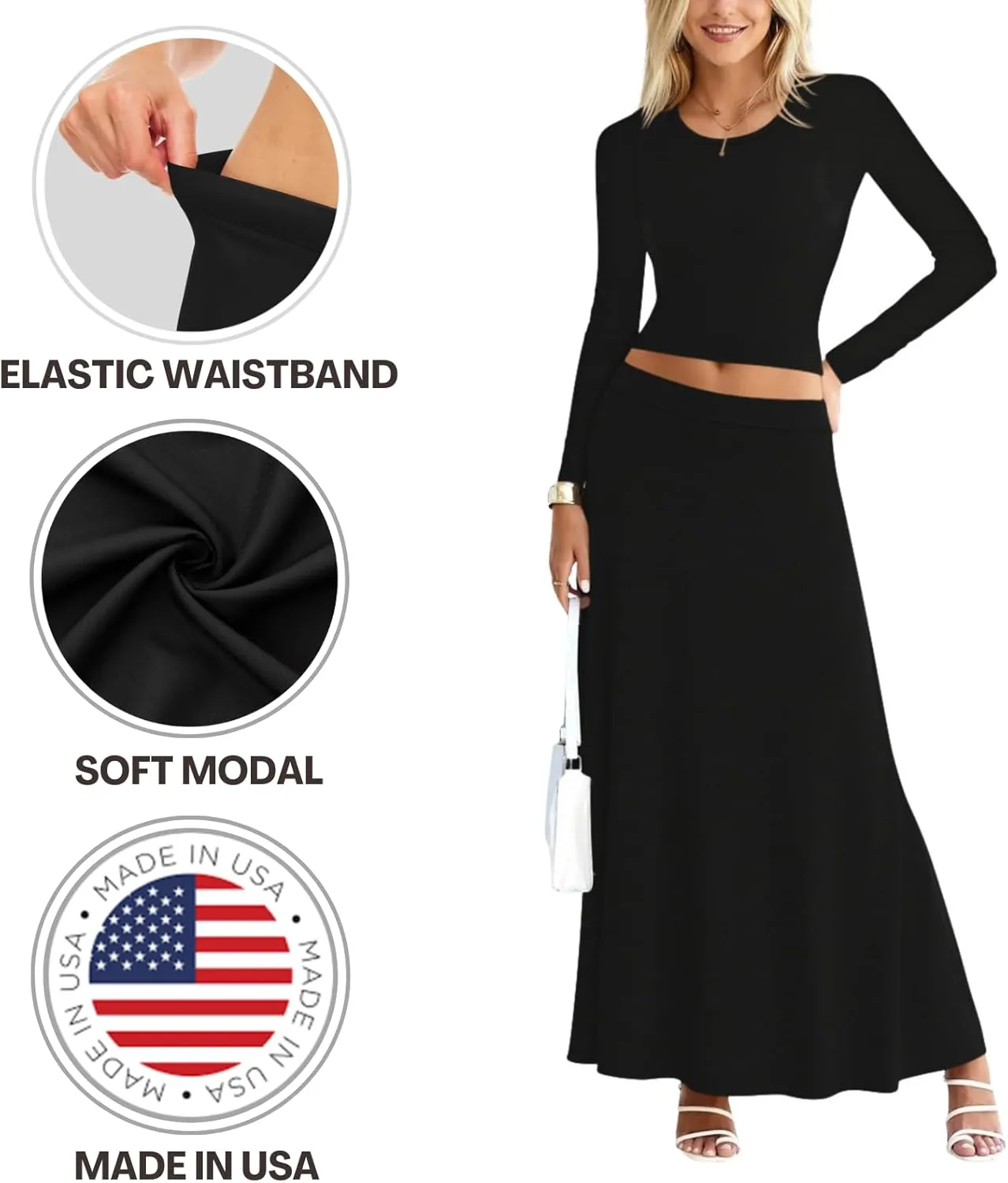 Sweet Hearts 2 Piece Sets for Women- Casual Modal Maxi Skirt Long Sleeve Crop Tops Womens 2 Piece Outfits Fall Made in USA