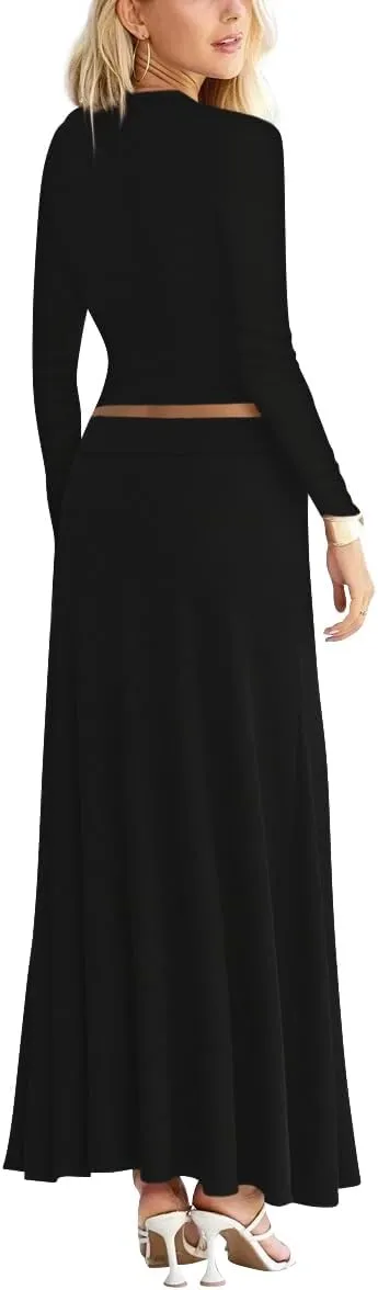 Sweet Hearts 2 Piece Sets for Women- Casual Modal Maxi Skirt Long Sleeve Crop Tops Womens 2 Piece Outfits Fall Made in USA
