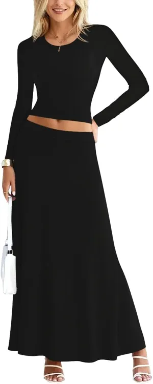 Sweet Hearts 2 Piece Sets for Women- Casual Modal Maxi Skirt Long Sleeve Crop Tops Womens 2 Piece Outfits Fall Made in USA