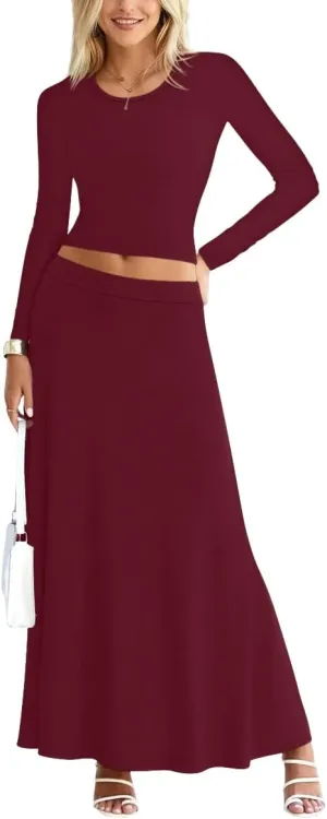 Sweet Hearts 2 Piece Sets for Women- Casual Modal Maxi Skirt Long Sleeve Crop Tops Womens 2 Piece Outfits Fall Made in USA