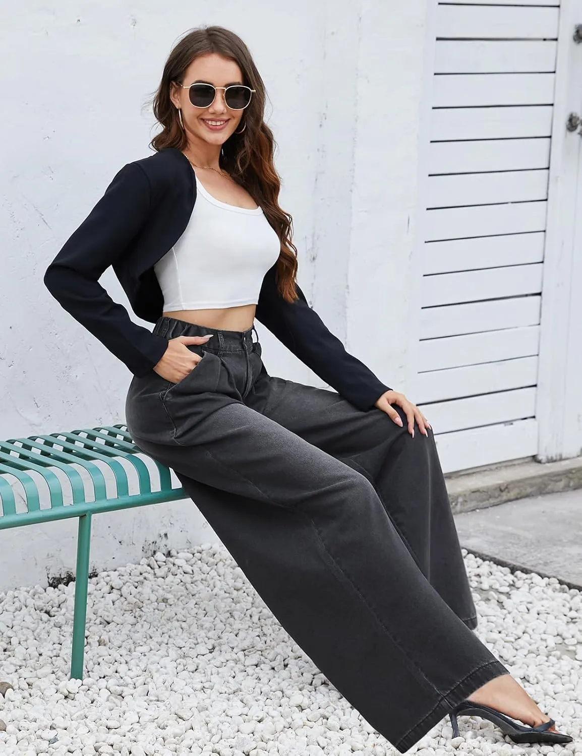 Tapata Women's 24"/27"/30"/33" Inseam Wide Leg Jeans Petite Elastic Waist Baggy Denim Pants Long Palazzo Trousers