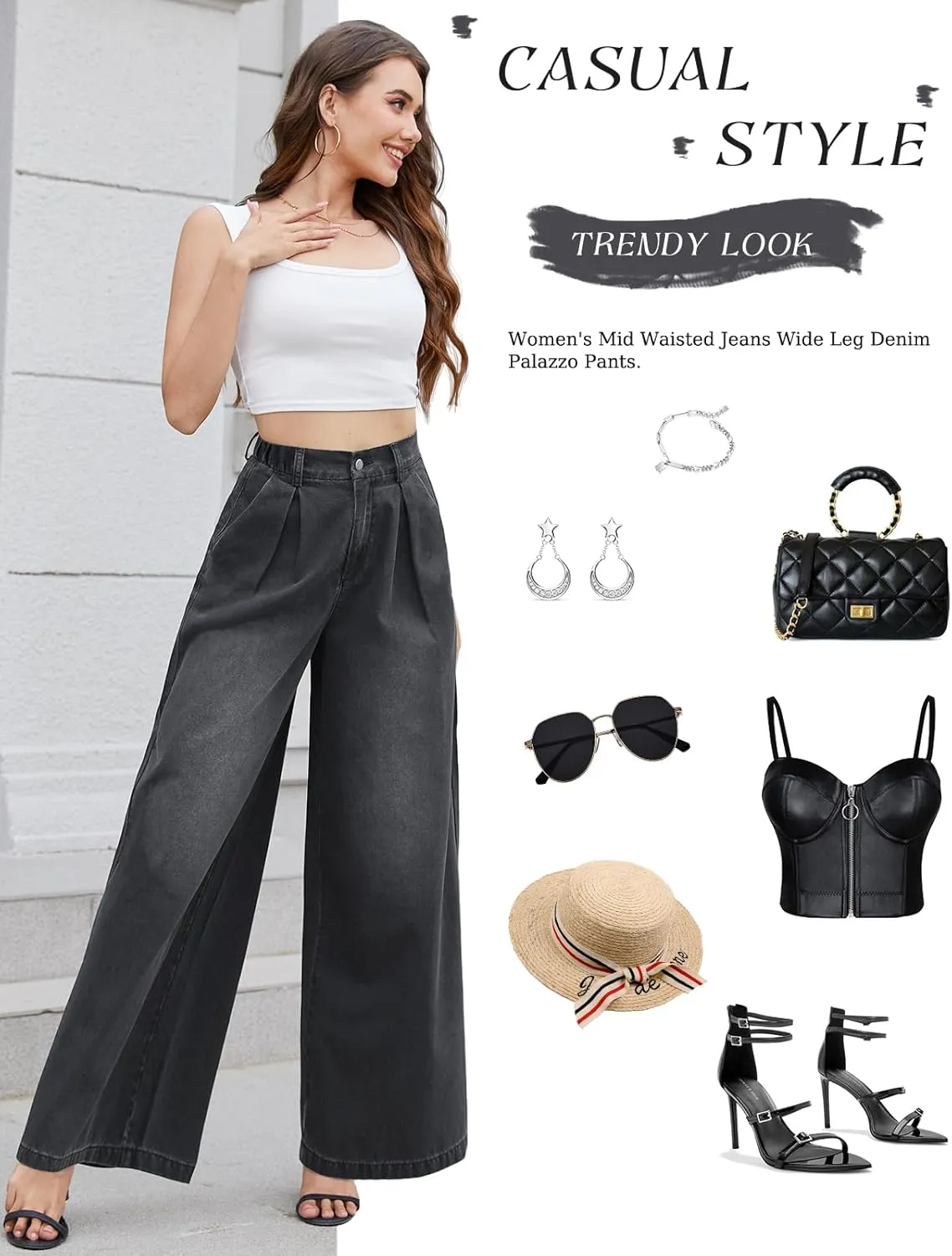 Tapata Women's 24"/27"/30"/33" Inseam Wide Leg Jeans Petite Elastic Waist Baggy Denim Pants Long Palazzo Trousers