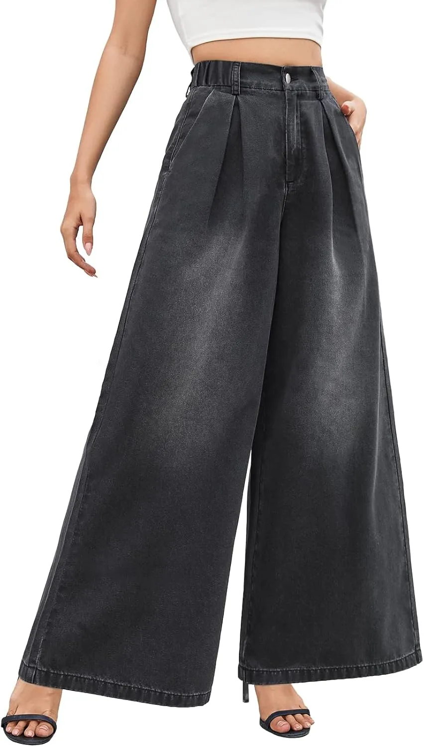 Tapata Women's 24"/27"/30"/33" Inseam Wide Leg Jeans Petite Elastic Waist Baggy Denim Pants Long Palazzo Trousers