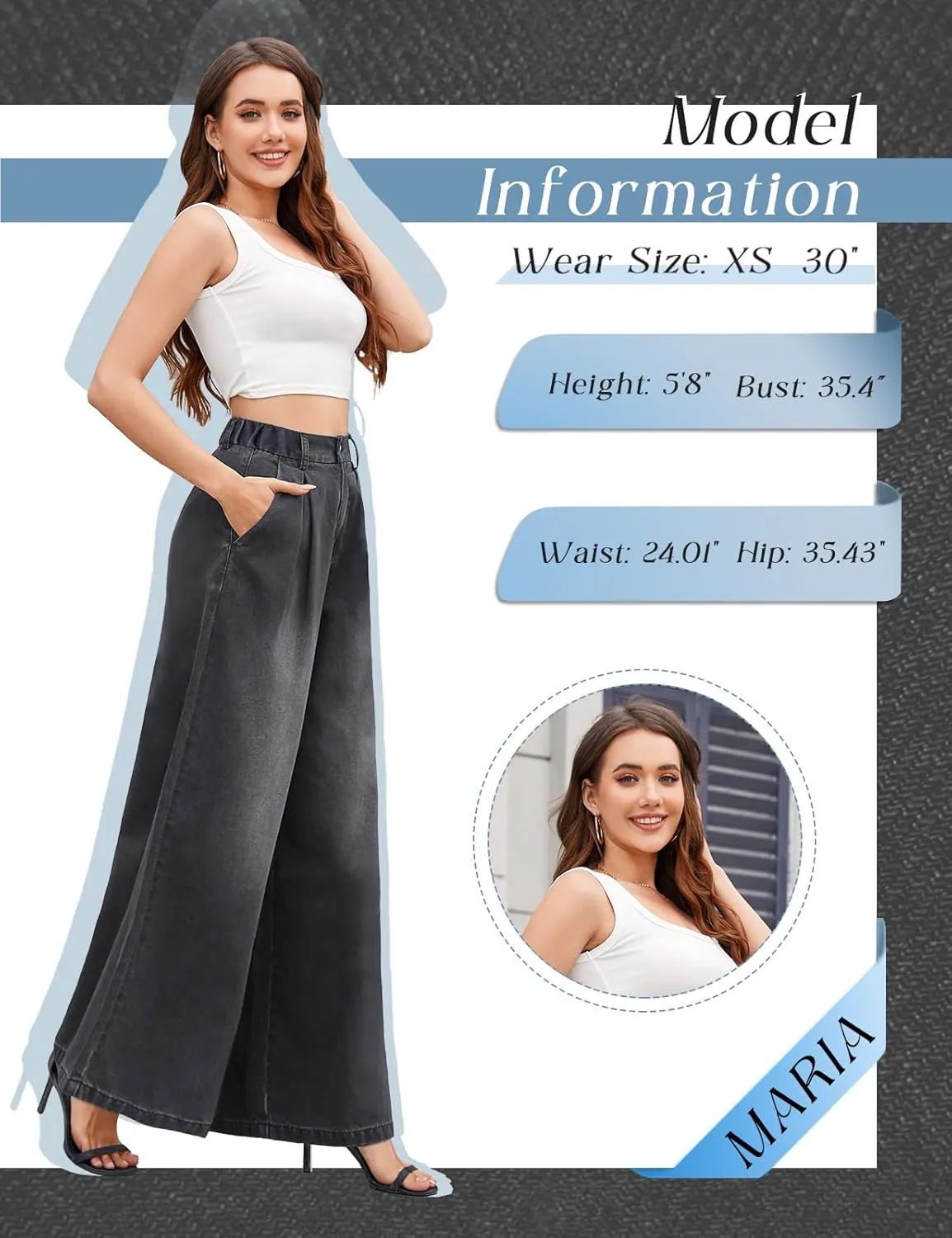 Tapata Women's 24"/27"/30"/33" Inseam Wide Leg Jeans Petite Elastic Waist Baggy Denim Pants Long Palazzo Trousers
