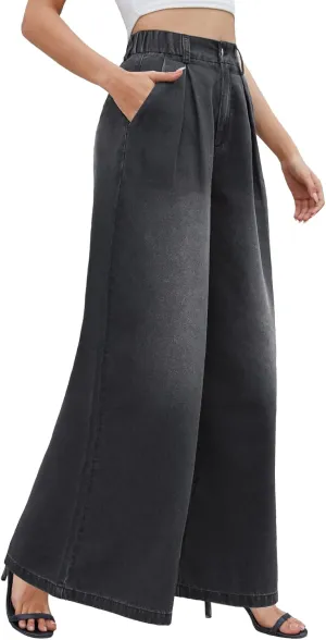 Tapata Women's 24"/27"/30"/33" Inseam Wide Leg Jeans Petite Elastic Waist Baggy Denim Pants Long Palazzo Trousers