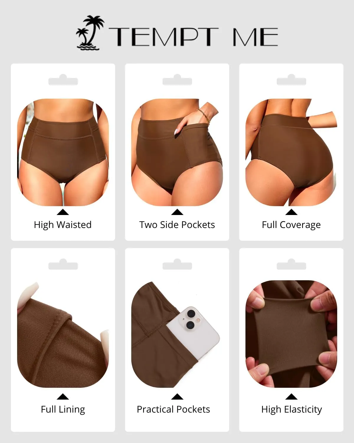 Tempt Me Women High Waisted Swimsuit Bikini Bottoms - Tummy Control Swim Bottom Full Coverage Bathing Suit with Pockets 2025