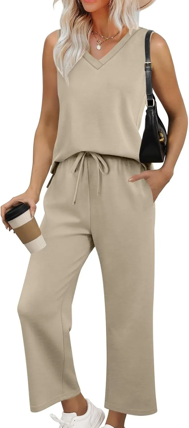 Two Piece Sets for Women Summer Vacation Outfits Matching Lounge Wide Leg Crop Pants Fashion Clothing