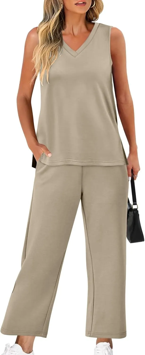 Two Piece Sets for Women Summer Vacation Outfits Matching Lounge Wide Leg Crop Pants Fashion Clothing