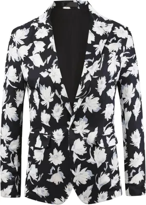 uxcell Men's Suit Blazer Slim Fit Floral Printed One Button Prom Jacket Sport Coat