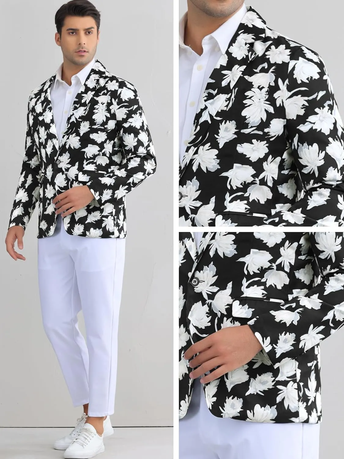 uxcell Men's Suit Blazer Slim Fit Floral Printed One Button Prom Jacket Sport Coat