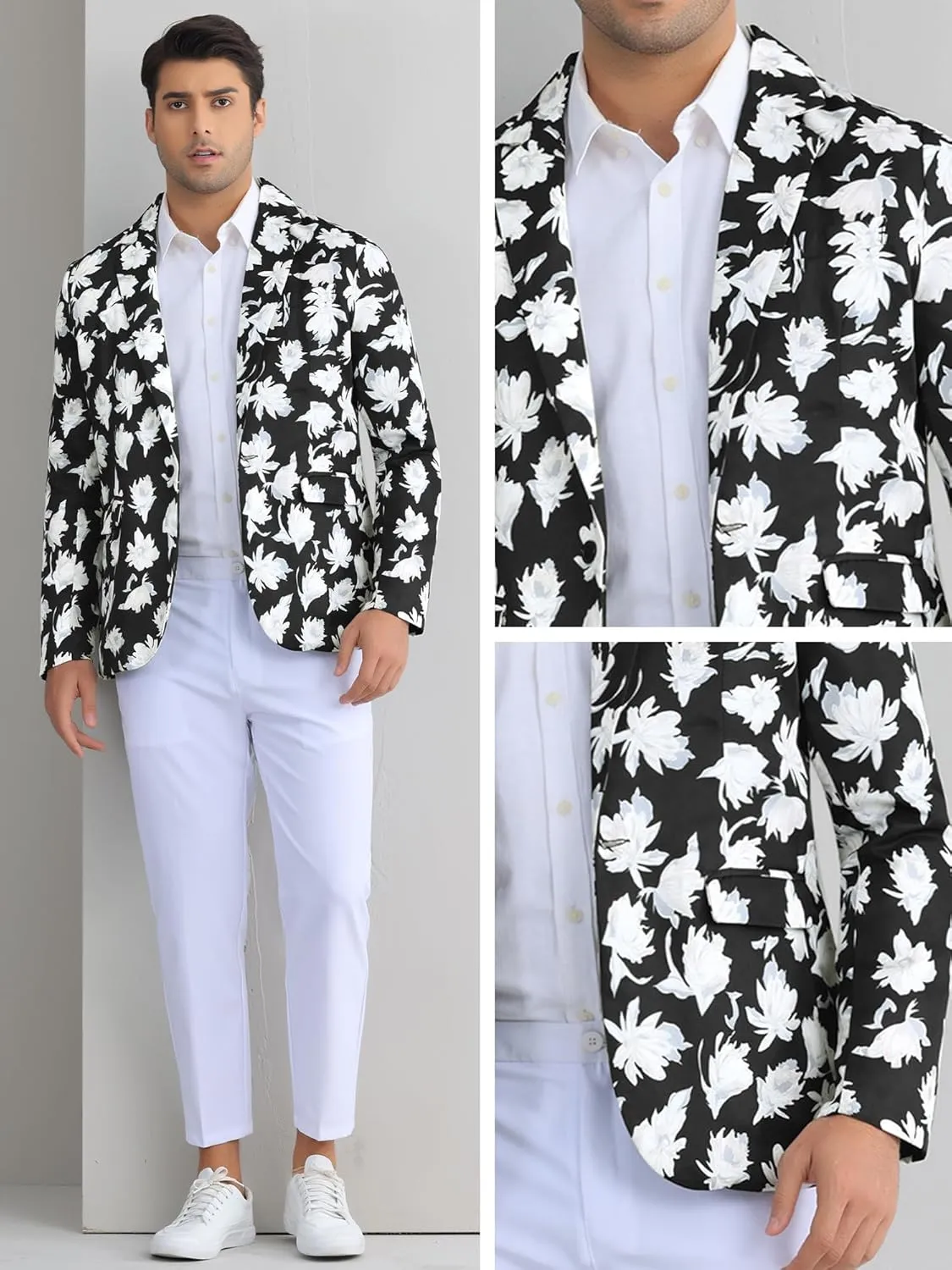 uxcell Men's Suit Blazer Slim Fit Floral Printed One Button Prom Jacket Sport Coat