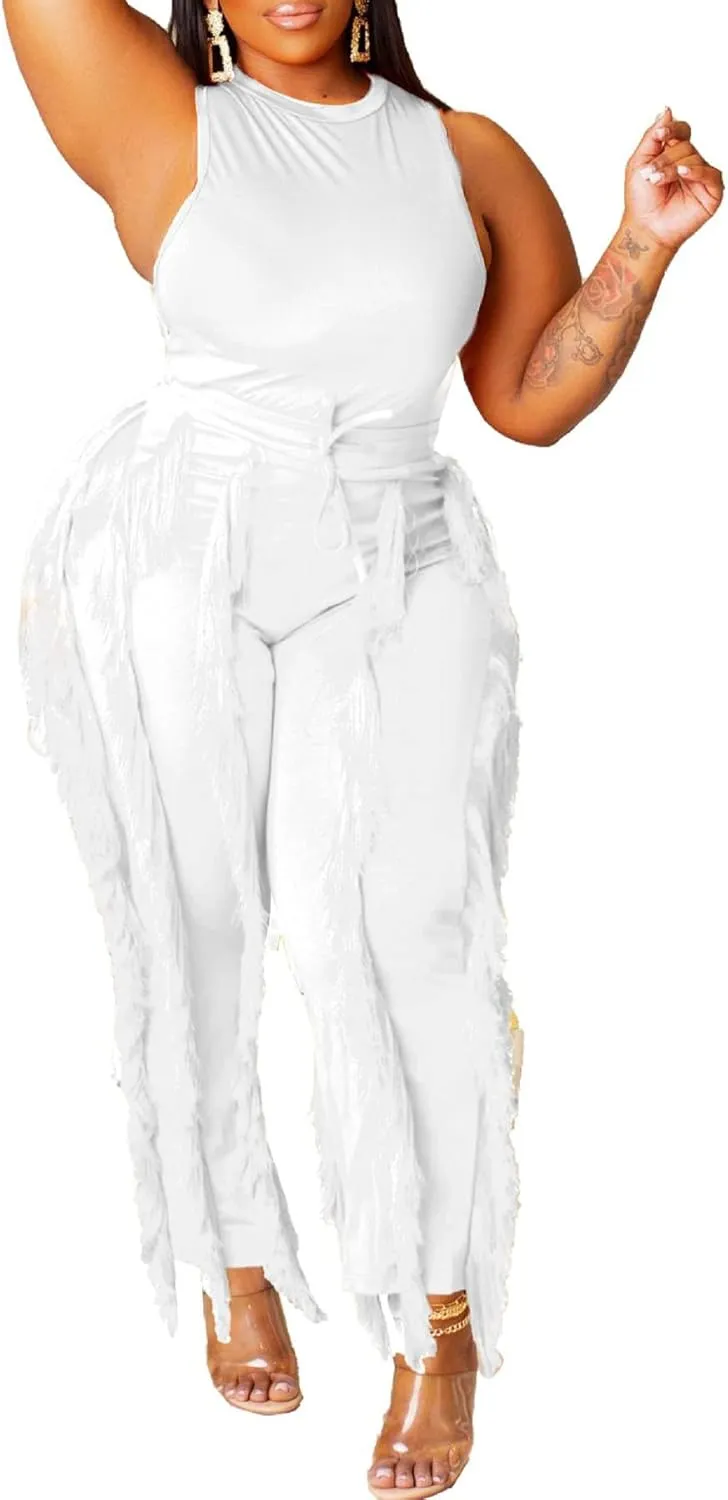 Vakkest Women's 2 Piece Outfits Sleeveless Tanks Top High Waist Fringe Long Pants Casual Tassels Bodycon Yoga Pants