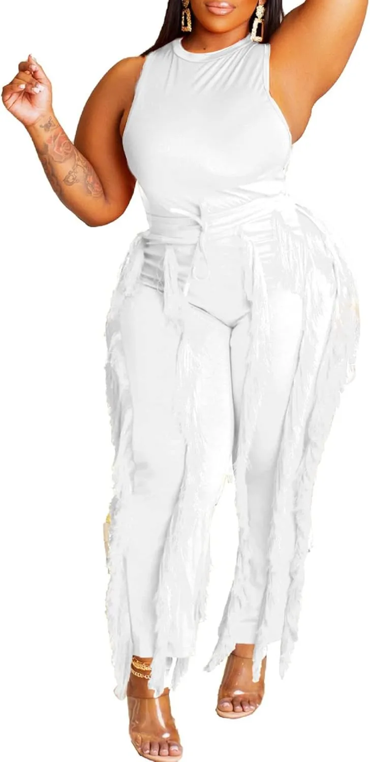 Vakkest Women's 2 Piece Outfits Sleeveless Tanks Top High Waist Fringe Long Pants Casual Tassels Bodycon Yoga Pants