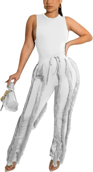 Vakkest Women's 2 Piece Outfits Sleeveless Tanks Top High Waist Fringe Long Pants Casual Tassels Bodycon Yoga Pants