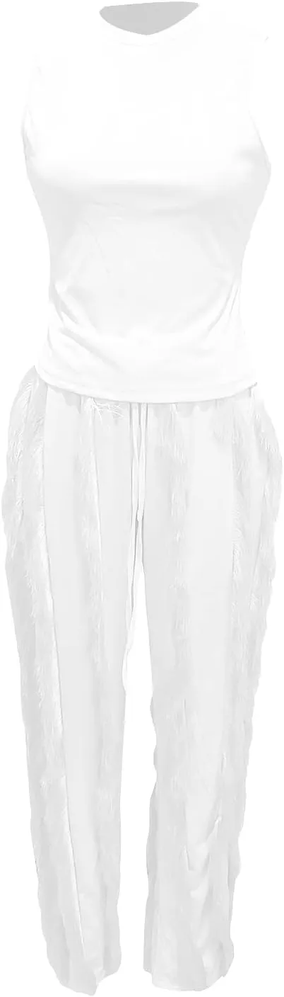 Vakkest Women's 2 Piece Outfits Sleeveless Tanks Top High Waist Fringe Long Pants Casual Tassels Bodycon Yoga Pants