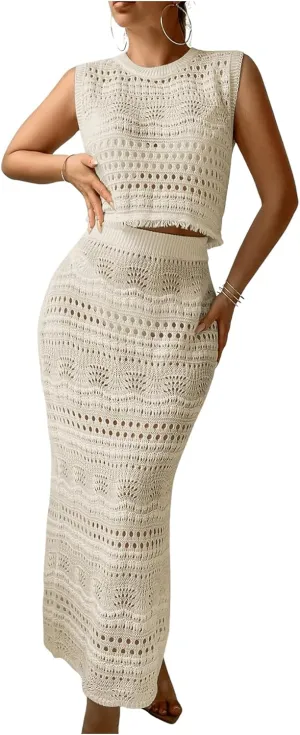 Verdusa Women's 2 Piece Cover Ups Hollow Out Beach Outfits Knit Tank Tops and Bodycon Skirt Set