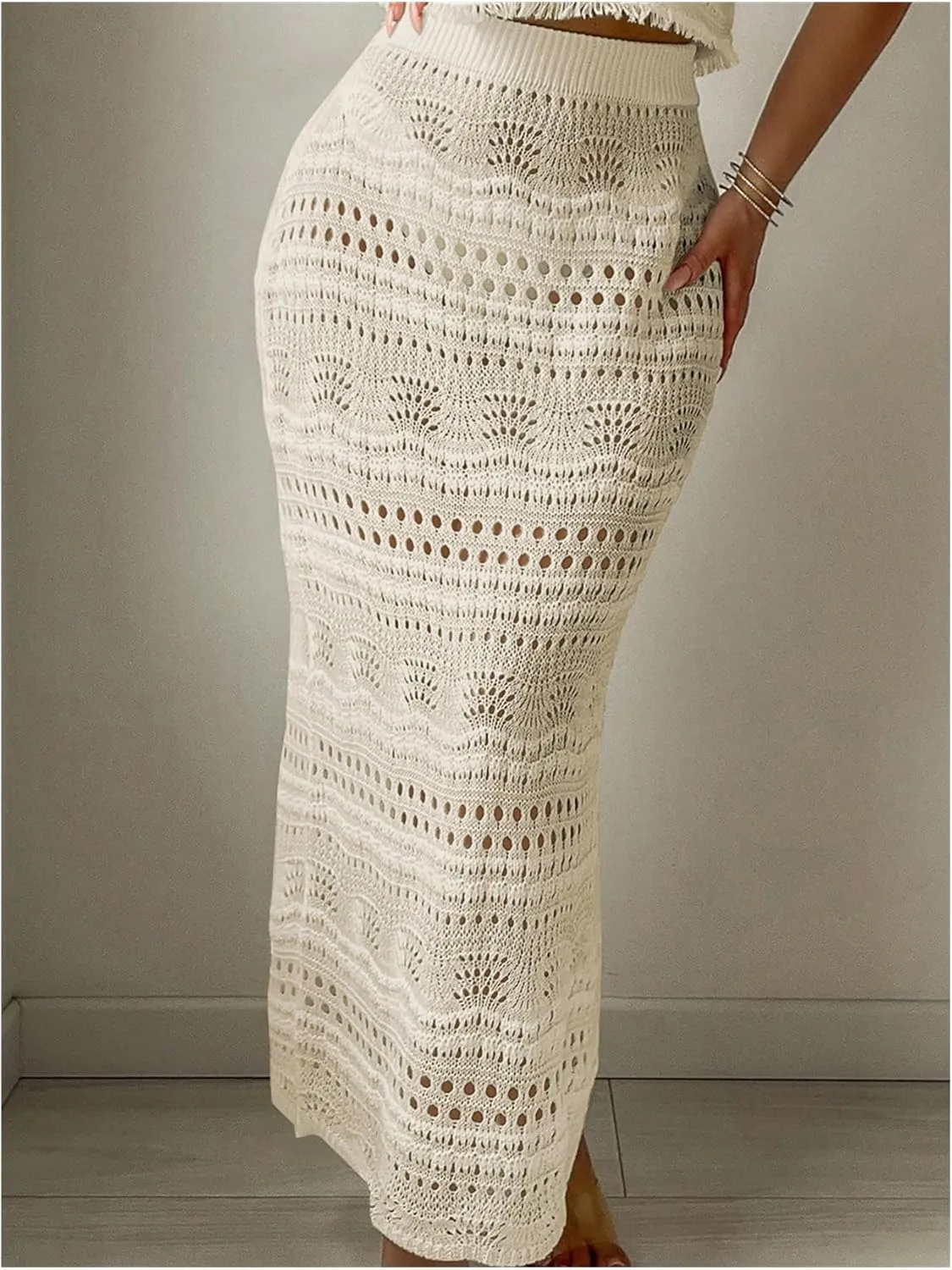 Verdusa Women's 2 Piece Cover Ups Hollow Out Beach Outfits Knit Tank Tops and Bodycon Skirt Set