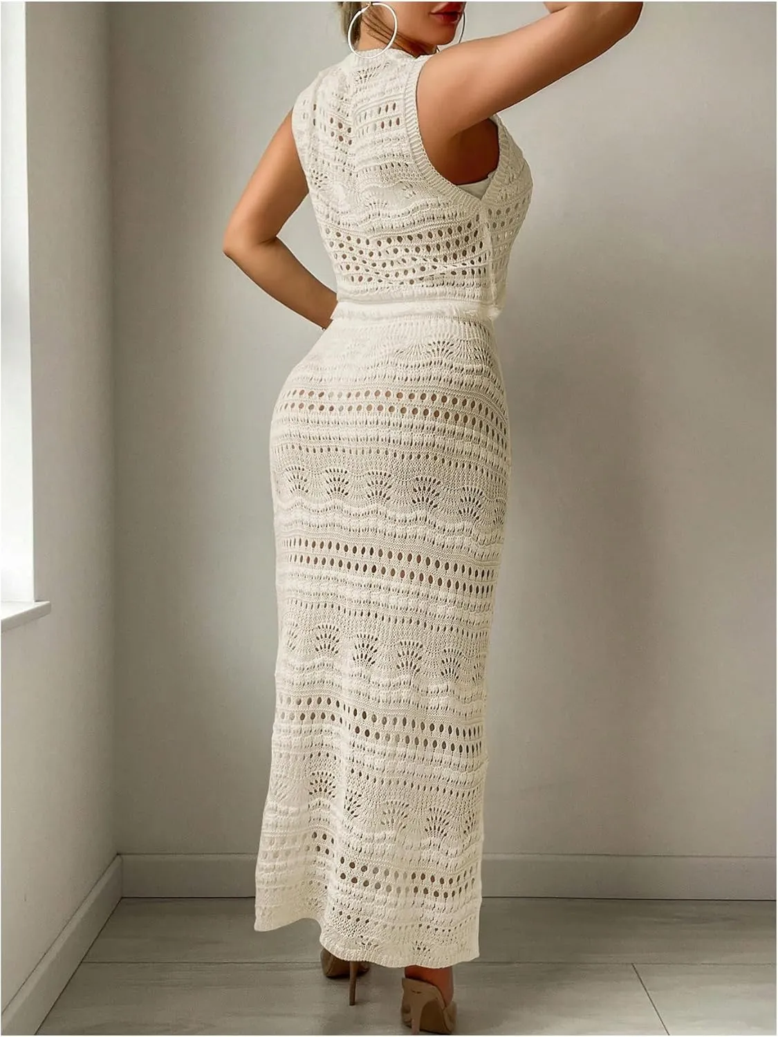 Verdusa Women's 2 Piece Cover Ups Hollow Out Beach Outfits Knit Tank Tops and Bodycon Skirt Set