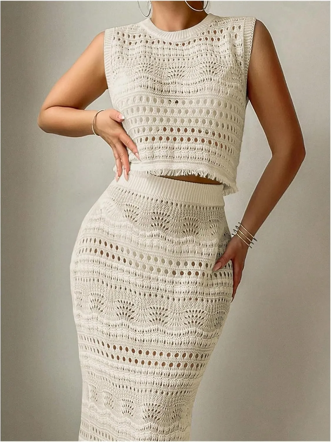 Verdusa Women's 2 Piece Cover Ups Hollow Out Beach Outfits Knit Tank Tops and Bodycon Skirt Set