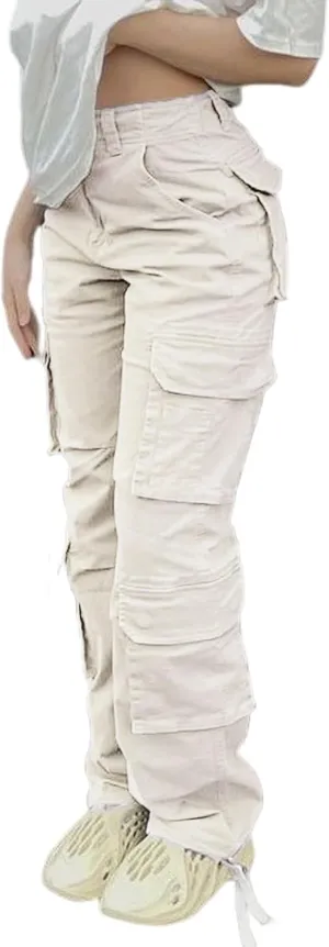 Viatabuna High Waisted Cargo Pants for Women Baggy Y2k Straight Wide Leg Pants with Pockets Streetwear A-Beige