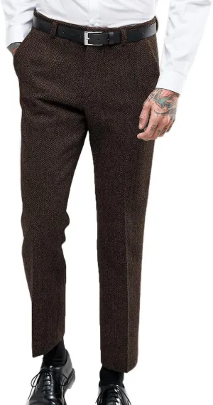 Vintage Men's Herringbone Tweed Dress Suit Pants Thick Wool Pleated Front Trousers Regular Fit