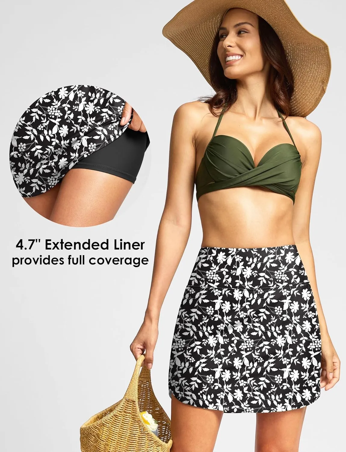 Viodia Women's 17" Long Swim Skirt High Waisted Modest Swimsuits Skirt Bathing Suit Tummy Control Swim Bottoms