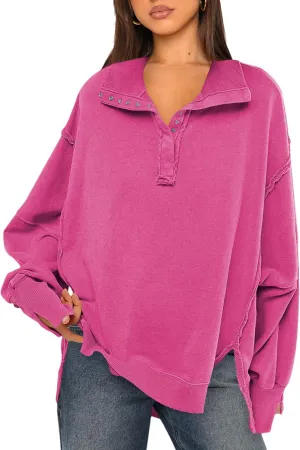 Wanzetaly Women's Oversized Sweatshirt Button Henley Neck Hoodies Long Sleeve Pullover Tops 2024 Outfits(0404-Pink-XL)