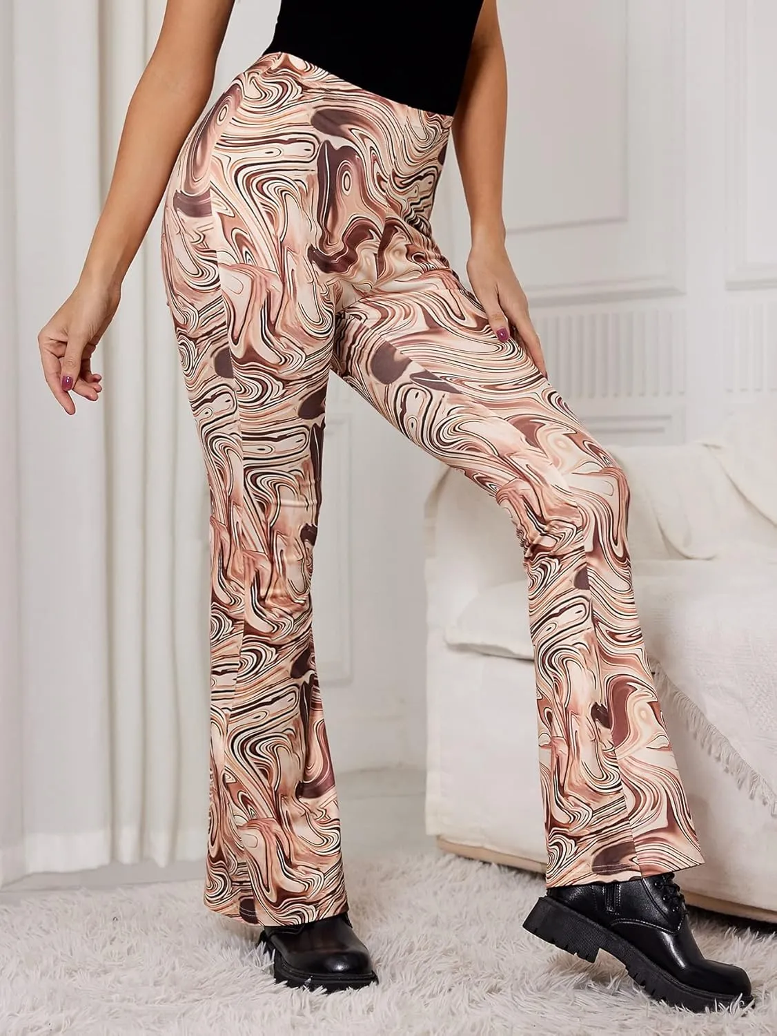 WDIRARA Women's Elastic High Waist Allover Print Floral Bell Bottom Flare Leg Long Pants