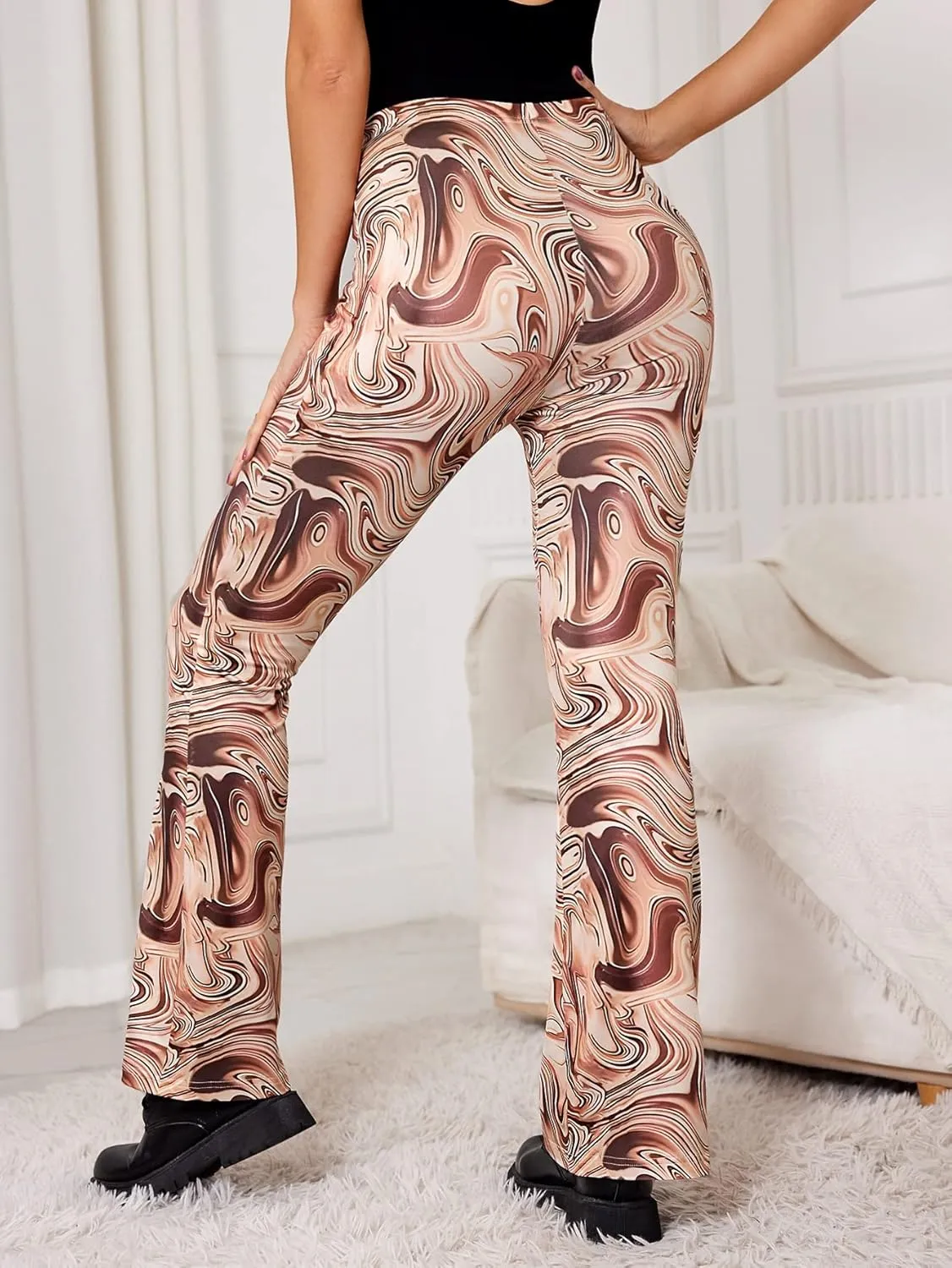 WDIRARA Women's Elastic High Waist Allover Print Floral Bell Bottom Flare Leg Long Pants