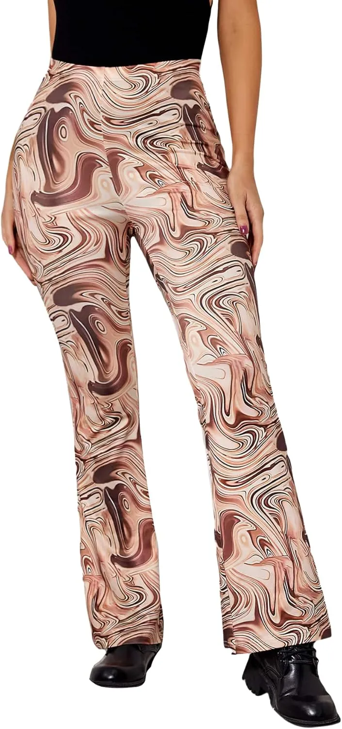 WDIRARA Women's Elastic High Waist Allover Print Floral Bell Bottom Flare Leg Long Pants