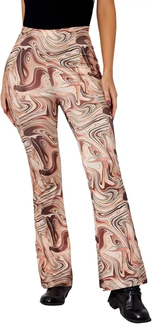 WDIRARA Women's Elastic High Waist Allover Print Floral Bell Bottom Flare Leg Long Pants
