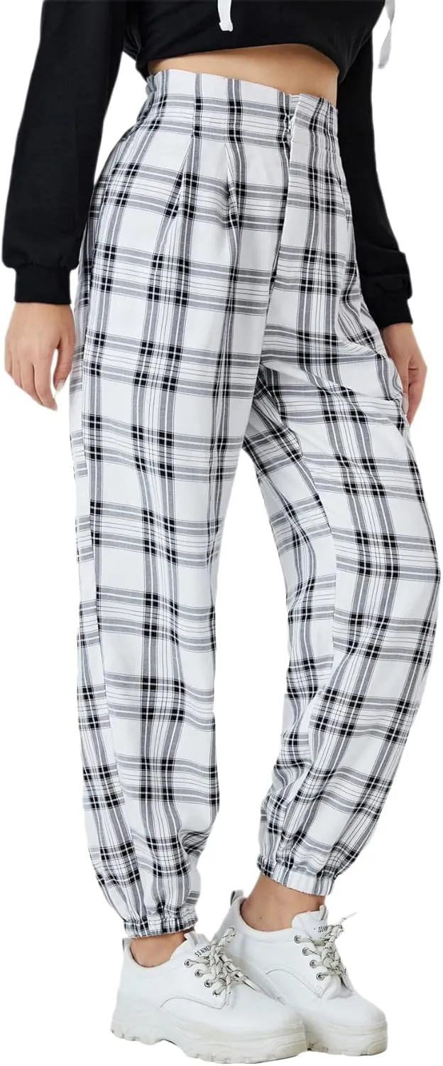 WDIRARA Women's Plaid Elastic High Waist Casual Tartan Pants with Pockets