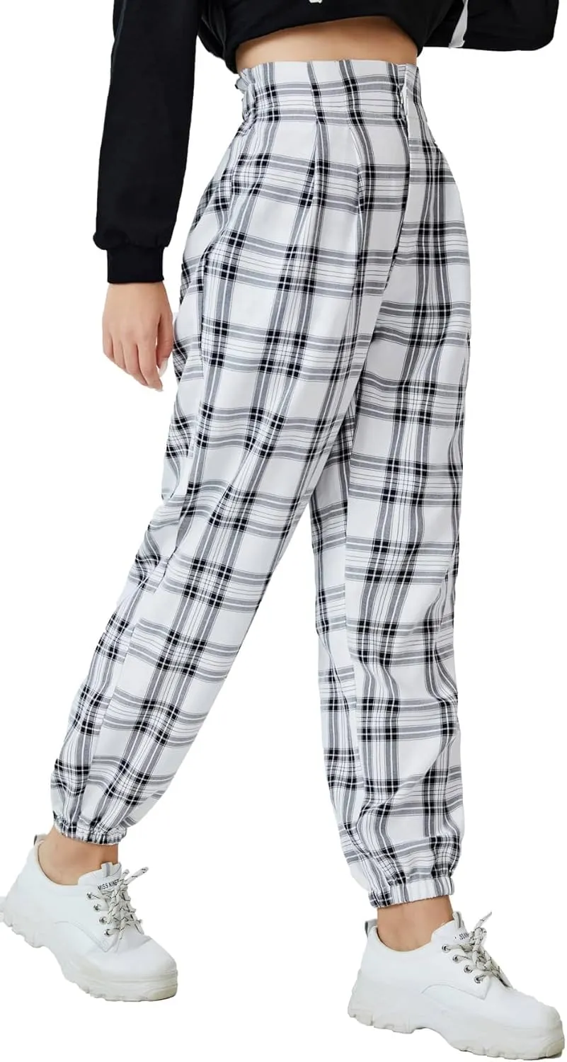 WDIRARA Women's Plaid Elastic High Waist Casual Tartan Pants with Pockets