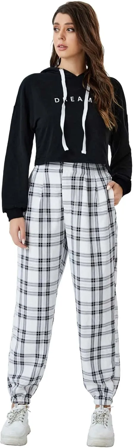 WDIRARA Women's Plaid Elastic High Waist Casual Tartan Pants with Pockets