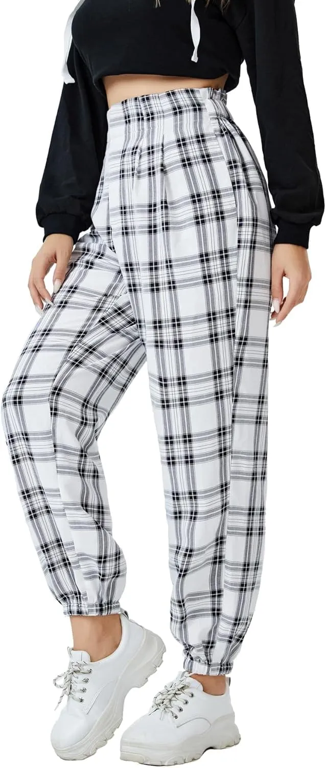WDIRARA Women's Plaid Elastic High Waist Casual Tartan Pants with Pockets