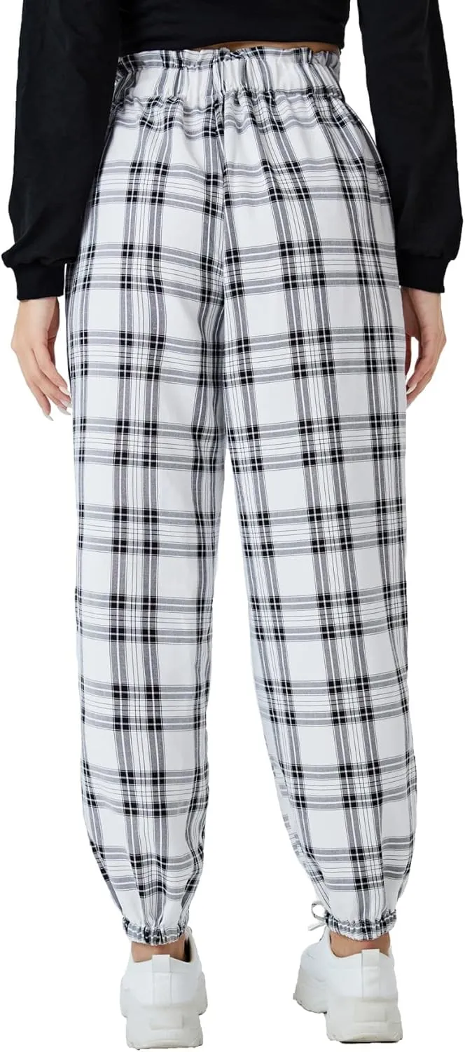 WDIRARA Women's Plaid Elastic High Waist Casual Tartan Pants with Pockets