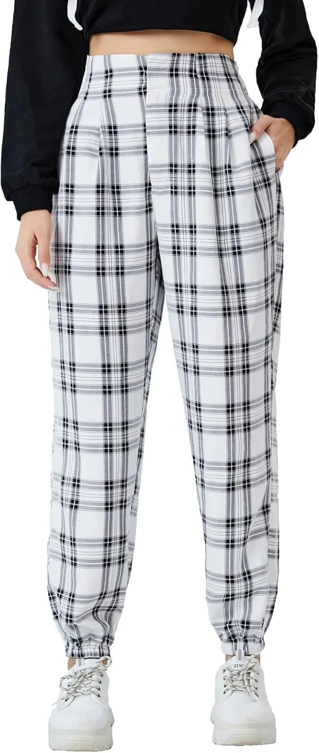 WDIRARA Women's Plaid Elastic High Waist Casual Tartan Pants with Pockets