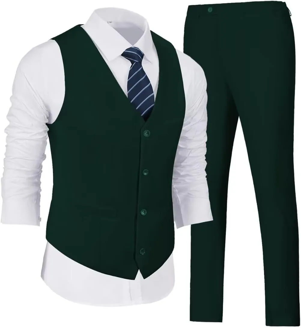 Wehilion Men's Suits 2 Pieces, Vest Pants Set for Men, V-Neck Slim Fit Casual Suit Waistcoat