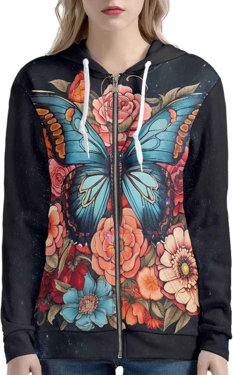 WELLFLYHOM Y2k Hoodie Women Zip Up Sweatshirt Long Sleeve Shirt Hooded Cardigan