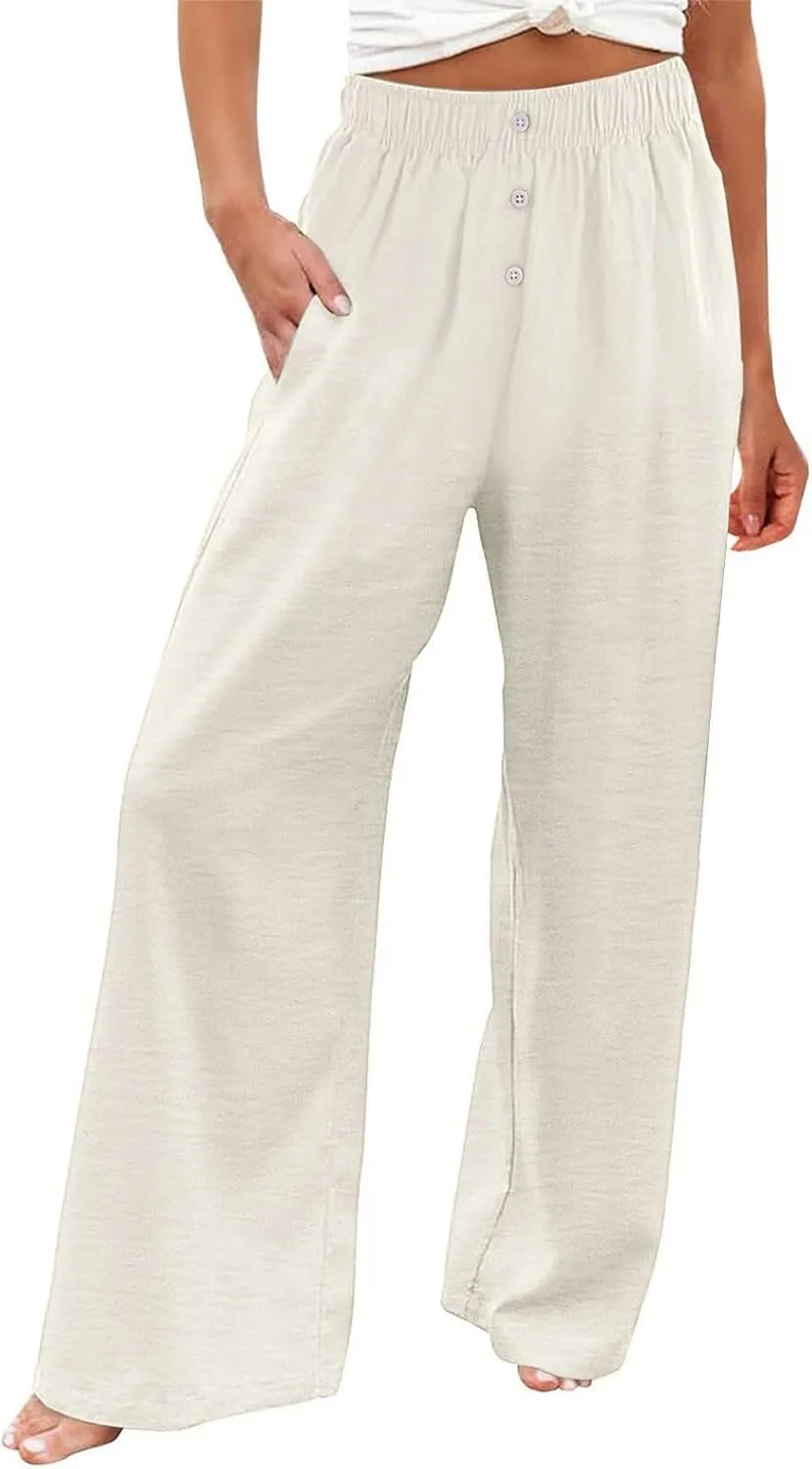 Wide Leg Linen Pants for Women Dressy Casual Summer Elastic Waist Pleated Button Work Pants Beach Trousers w/Pockets
