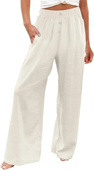 Wide Leg Linen Pants for Women Dressy Casual Summer Elastic Waist Pleated Button Work Pants Beach Trousers w/Pockets
