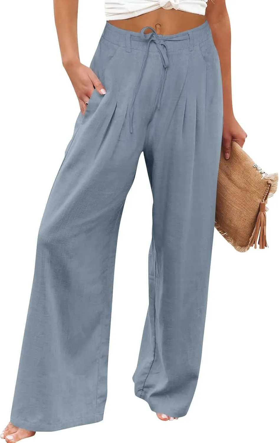 Wide Leg Linen Pants for Women Pleated Drawstring High Waisted Palazzo Pants Comfy Lounge Work Trousers with Pockets