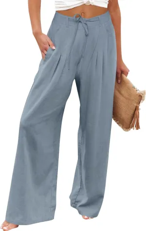 Wide Leg Linen Pants for Women Pleated Drawstring High Waisted Palazzo Pants Comfy Lounge Work Trousers with Pockets