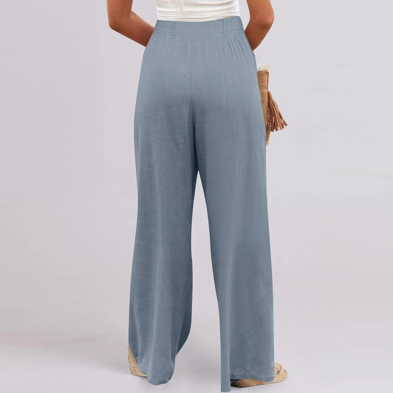 Wide Leg Linen Pants for Women Pleated Drawstring High Waisted Palazzo Pants Comfy Lounge Work Trousers with Pockets