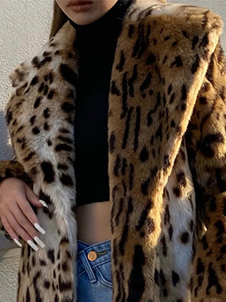Winter Long Warm Thick Leopard Fluffy Faux Fur Coat Women Tiger Print Runway Loose Luxury Designer Clothing Women