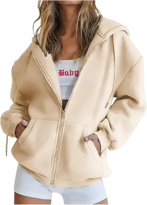 Wirziis Oversized Zip Up Hoodie for Women 2024 Fleece Jacket Fall Outfits Casual Hooded Tops Teen Girls Drawstring Cardigan