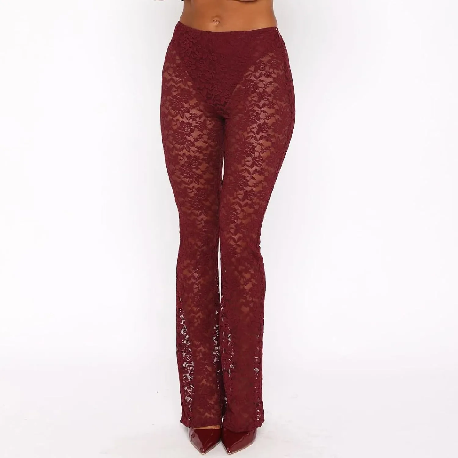 Woman Sexy See Through Lace Pants High Waist Flare Leg Trouser Solid Flower Lace Bell Bottoms Pants Streetwear