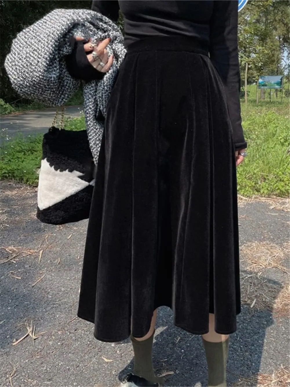 Women Autumn Winter Elastic Waist Skirt Velour A Line Skirt Retro Vintage Long Midi Skirt